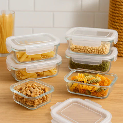 Conjunto de Recipientes Organizadores de Vidrio Templado con Tapa Antiderrame