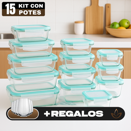 Kit con 15 Frascos Herméticos de Vidrio + 10 Vasos de Vidrio Aruba