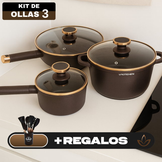 Conjunto Completo de 3 Ollas en Acero Inox Antideslizante con Mango de Madera