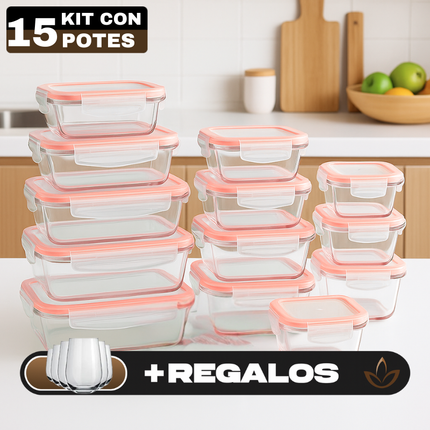 Kit con 15 Frascos Herméticos de Vidrio + 10 Vasos de Vidrio Aruba