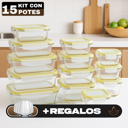 Kit con 15 Frascos Herméticos de Vidrio + 10 Vasos de Vidrio Aruba
