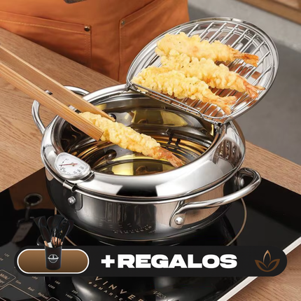 Fritadeira de Acero Inoxidable con Medidor de Temperatura y Escurridor Incorporado